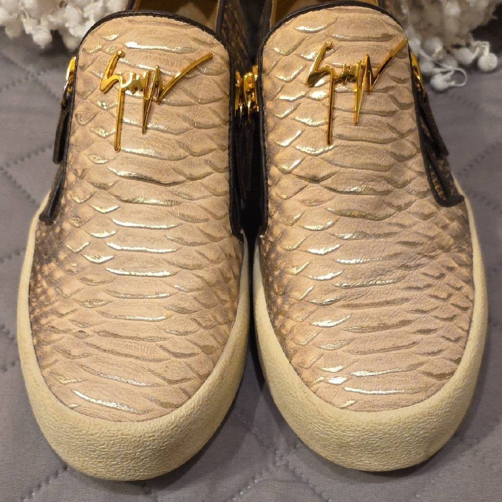 Giuseppe Zanotti Design  Brown and Cream Snakeskin Textured Sneakers - Picture 3 of 16